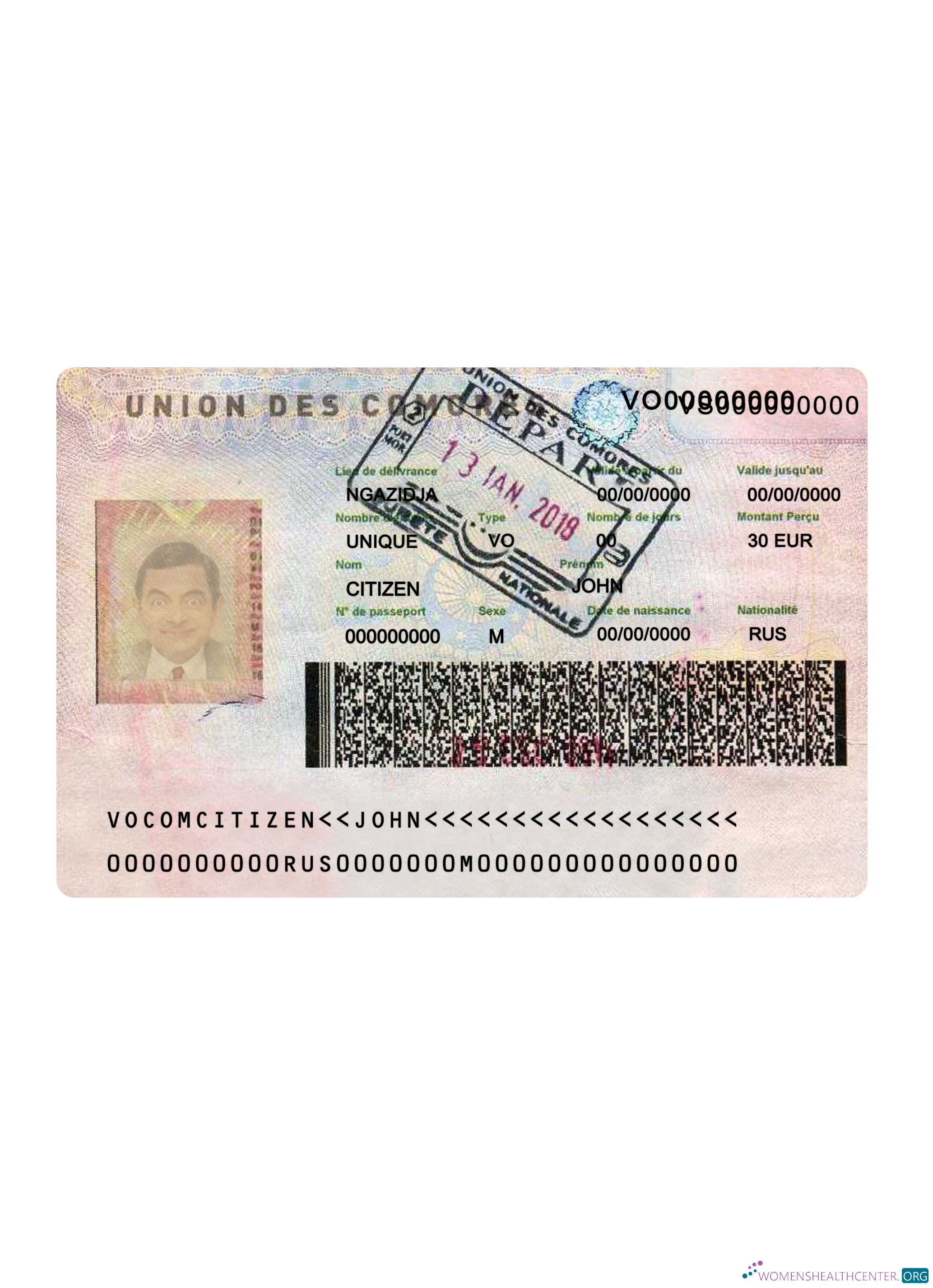 Download Union des Comores travel visa Photoshop template